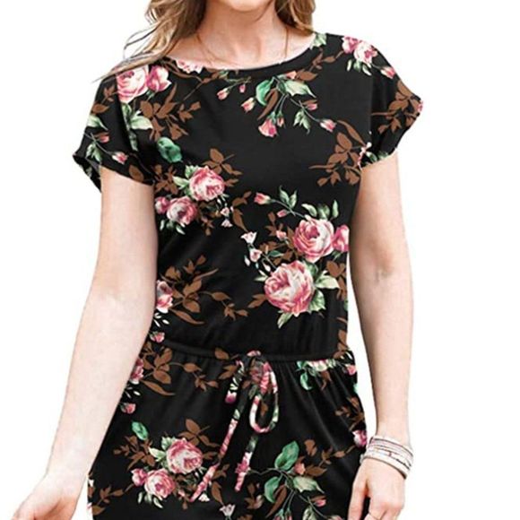 DouBCQ Womens Casual Short Sleeve Jumpsuits Elastic Waist Jumpsuit with Pockets - Picture 1 of 4